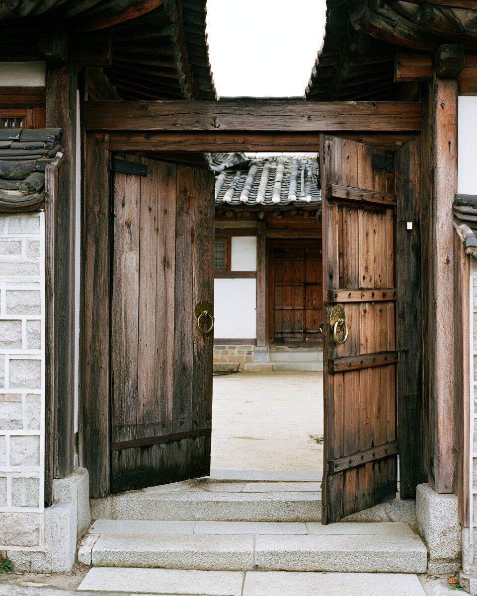 A weathered hanok gate in Bukchon standing open onto a sunlit courtyard, brass ring handles on the doors, a worn granite threshold
