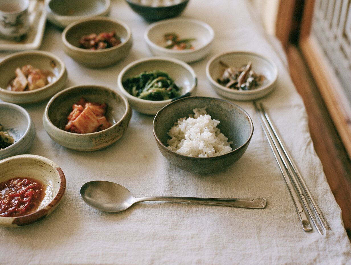 A set Korean table with small dishes of banchan