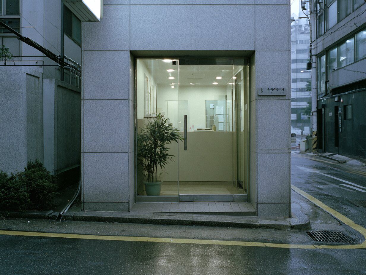 The glass entrance of a small clinic on a grey evening