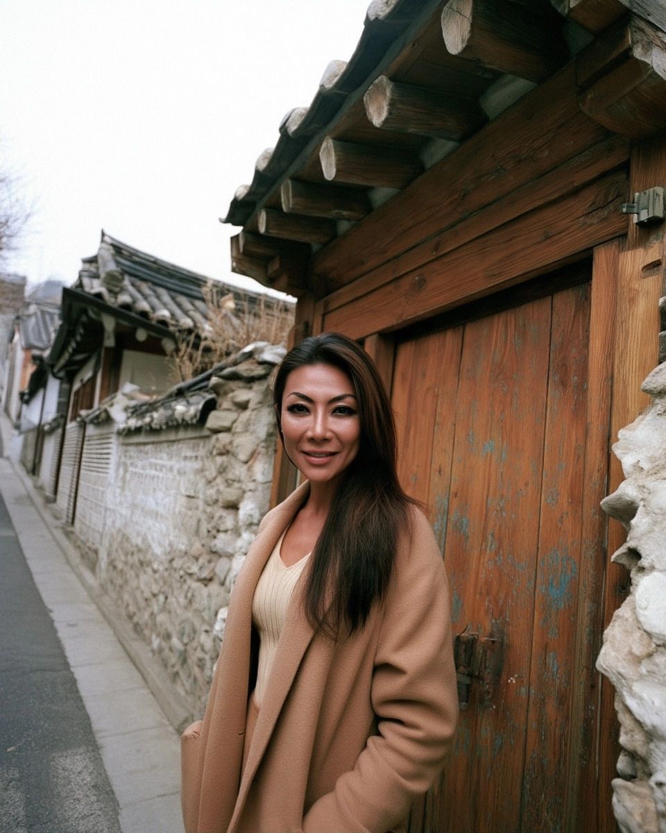 Reference portrait for the founder photograph: a woman in a camel coat beside the wooden gate of a hanok on a quiet Bukchon lane