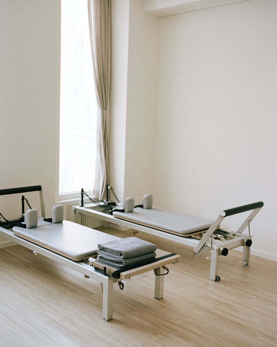 A small reformer Pilates studio in flat morning light, two reformers on a pale wooden floor