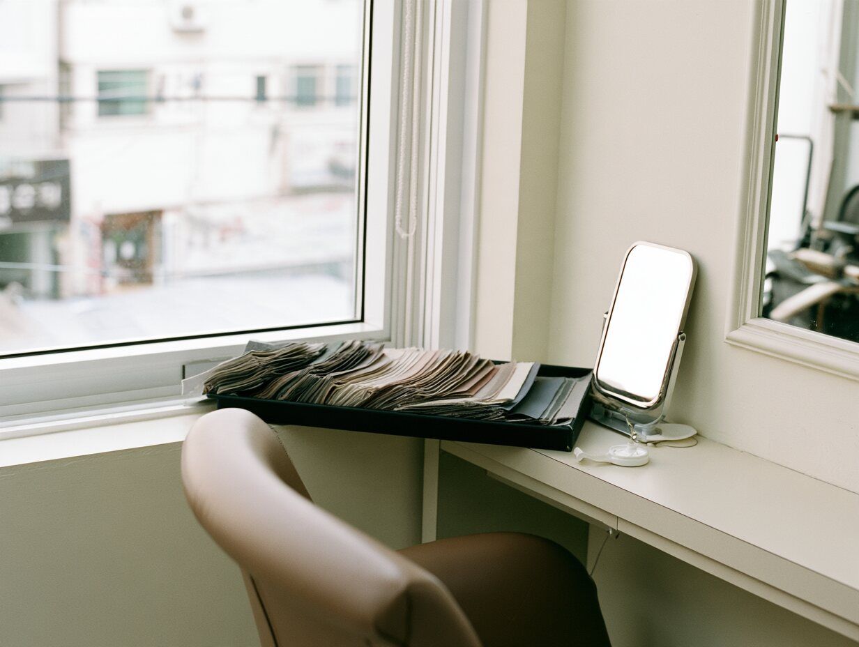 A salon chair at a window in flat daylight, a tray of personal color swatches on the counter