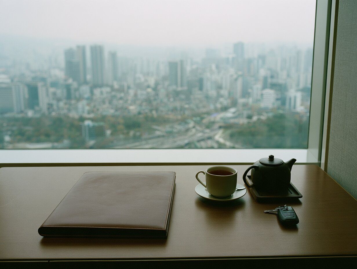 A hotel room desk by a window over Seoul on an overcast morning, a closed folder, a pot of tea, a car key